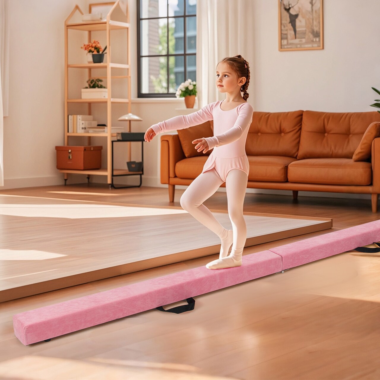 8 Feet Portable Folding Gymnastic Balance Beam with Solid Wood Base Ideal for Walkover or Cartwheel